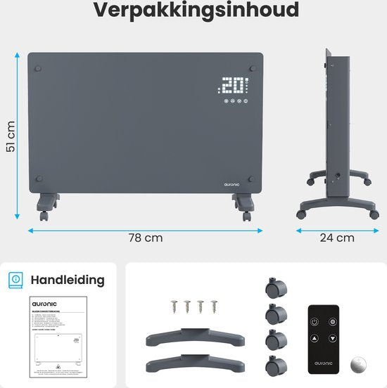 Auronic Electric Heater - Konvektor-Heizung mit Thermostat und Fernbedienung - Glasheizung - 2000W Heizung - Grau