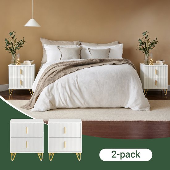 SoBuy 2-teiliger Nachttisch mit 2 Schubladen - Beistelltisch - Sofabeistelltisch - Couchtisch - Nachttisch - Betttisch mit 2 Schubladen für Wohnzimmer, Schlafzimmer, Büro, Weiß, 40x40x47cm, FBT115-Wx2