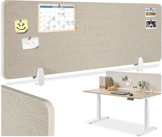 tectake® Desk Screen Divider Noisy - Mit schallabsorbierendem PET-Kern - Inklusive 2 Befestigungsclips - Größe (LxB) 130 x 40 cm - Beige