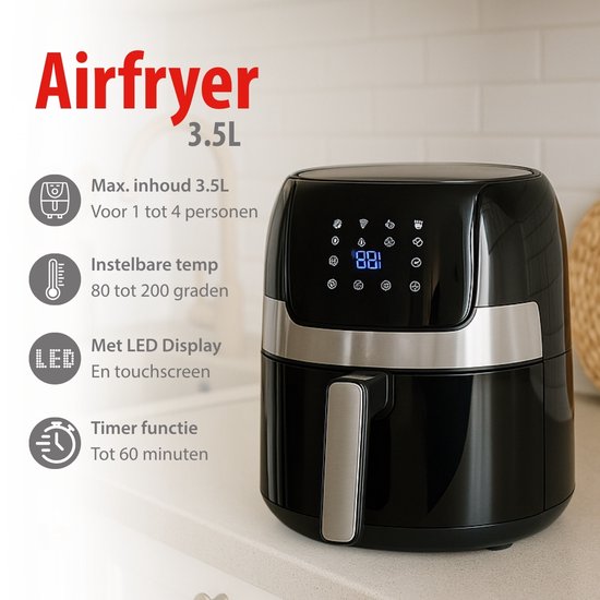 alpina Airfryer 4.5L- Heißluftfritteuse für 2 bis 4 Personen - Luftfritteuse mit einstellbarer Temperatur von 80°C bis 200°C - Timer bis zu 60 Minuten - Heißluftfritteuse 1400W - Schwarz