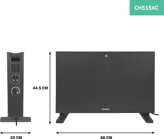 VONROC Elektroheizung - Konvektorheizung mit eingebautem Heizkörperlüfter - 2 Stufen: 1250W/2000W - Einstellbarer Thermostat - Beheizt Räume bis zu 24m2 - Modernes Design - Grau