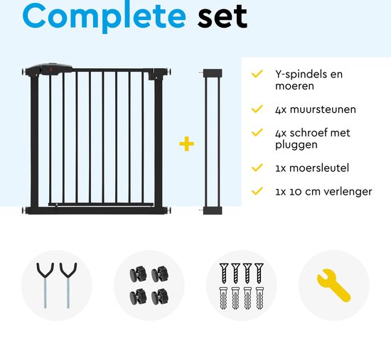 BRASQ Treppentor ohne Bohren - Sicherheitstor - Kindertor mit Verlängerung - 75 bis 93 cm - Ausziehbar - Klemmbefestigung - Metall - Hundetor - Schwarz