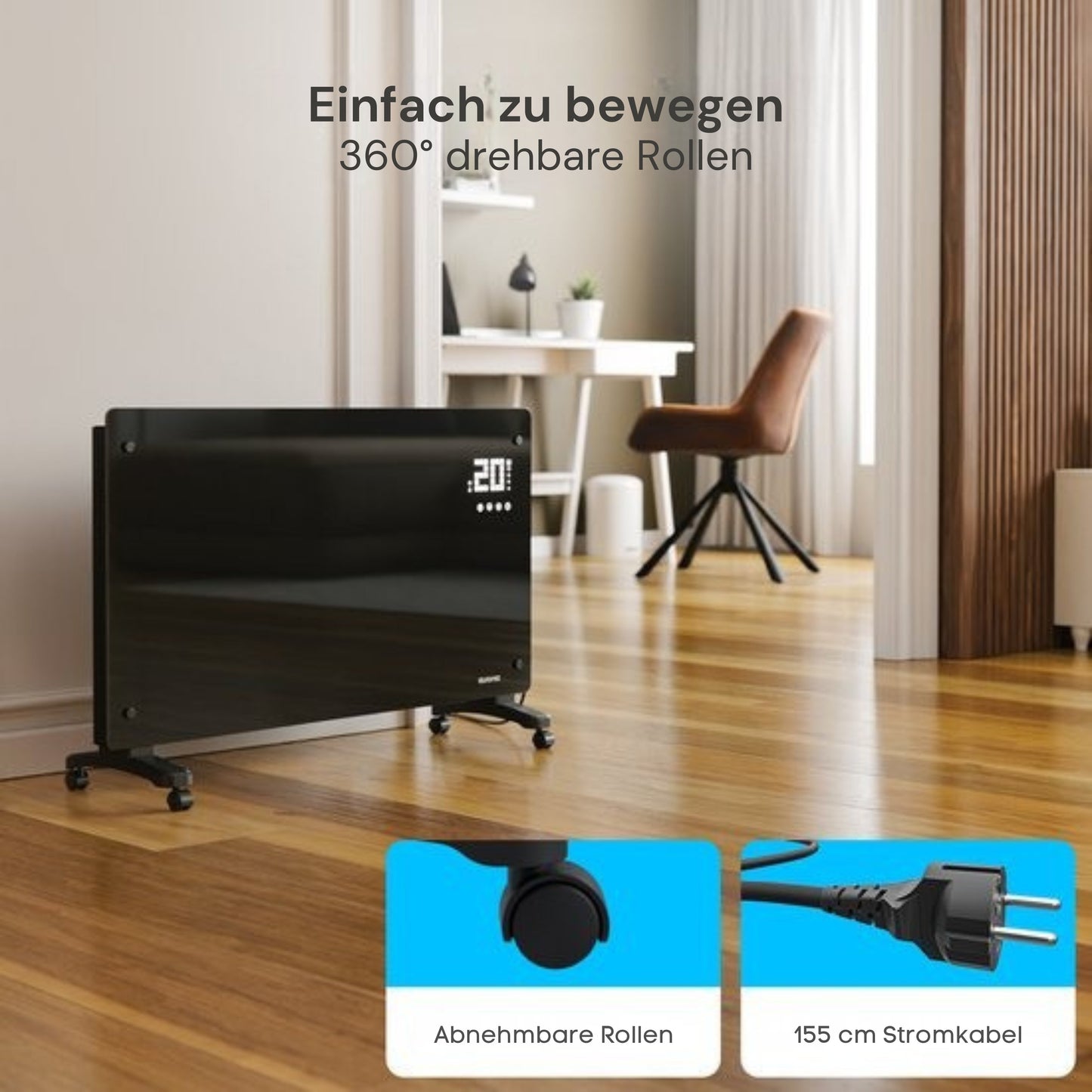 Auronic Electric Konvektor-Heizung - Mit Thermostat und Fernbedienung - Glasheizung - 2500W Heizung - Schwarz