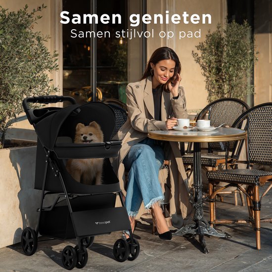 TrevoPet® Zusammenklappbarer Hundekinderwagen - für kleine und mittelgroße Hunde bis zu 15 kg - Kinderwagen mit Becherhalter und großem Ablagekorb - Schwarz