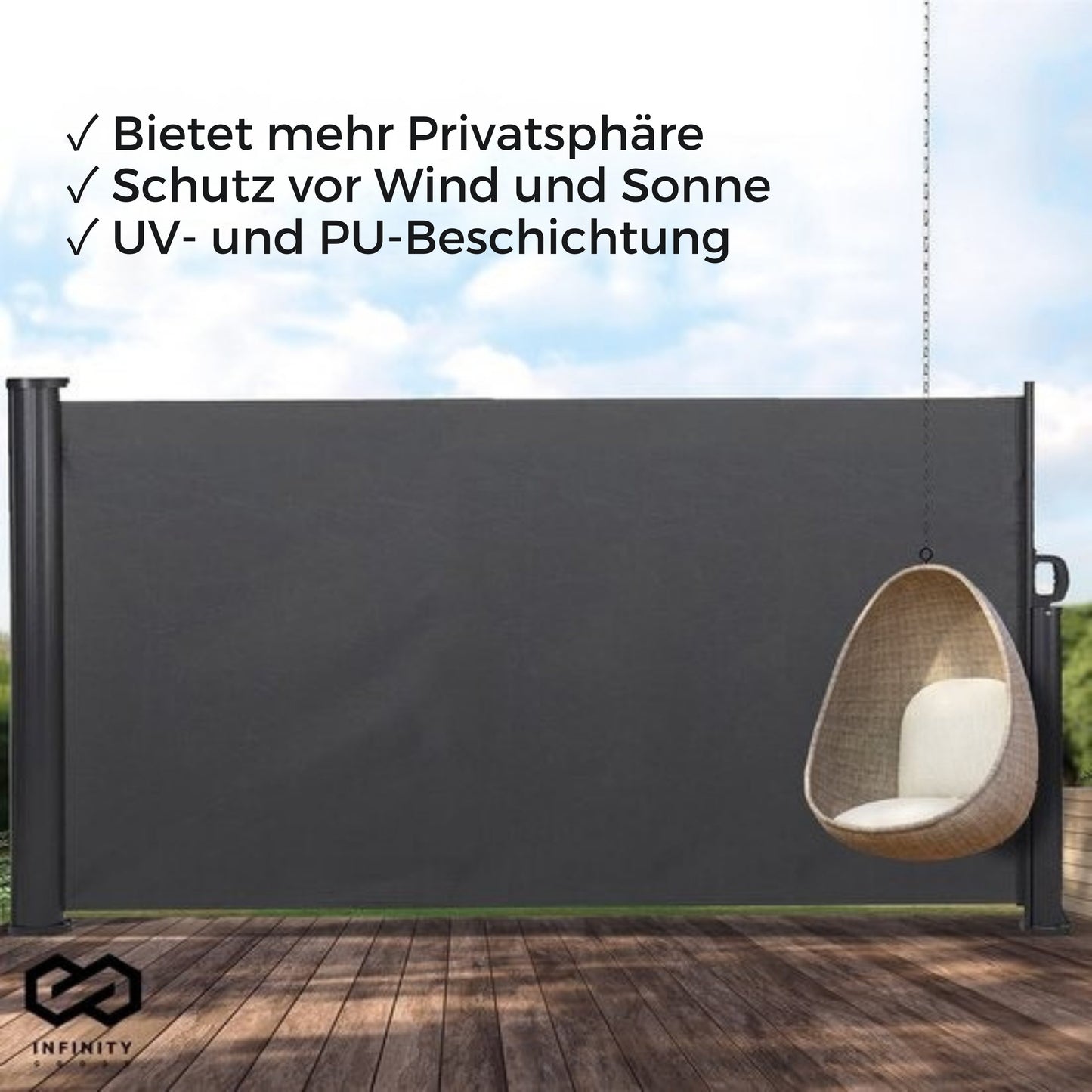 Infinity Goods Ausziehbarer Windschutz - 300 x 140 cm - Sonnenschutz - Garten, Strand, Terrasse, Balkon, Camping - Wetterfest - Anthrazit