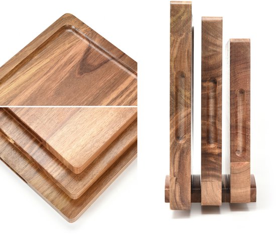 Deleca 3x Schneidebrett Set Culina - Dicke 3 cm - Schneidebretter (33x25 / 38x28 / 43x30 cm) - Mit Halter - Für Küche, Servierbrett, Käsebrett, Getränkebrett, Schneidebrett und Tapasbrett - Akazienholz