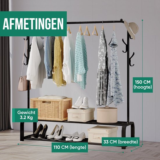 Exxen Industrieller Kleiderständer – Metall – 110 x 33 x 150 cm – Schwarz – Stauraum für Schuhe – Garderobenständer mit Haken
