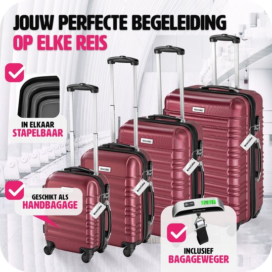 tectake - 4-teiliges Hartschalenkofferset - Reisekofferset mit Rollen - ABS - Teleskopgriff und Schloss - Inklusive Gepäckwaage - Trolleygrößen S-M-L-XL - Rot