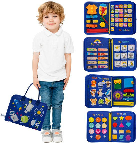 MontiPlay® Montessori-Spielzeug - Sensorisches Spielzeug - Activity Board - Busy Board - Montessori-Aktivitätsbuch für Zuhause - Pädagogisches - Sensomotorisches Spielzeug - Blau