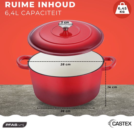 Castex Elegance Royal Gusseisen-Kasserolle mit Deckel 28 cm - Induktionspfanne - Gusseisen-Kasserollen - Rot