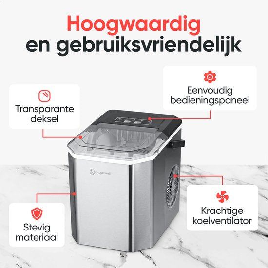 Kitchenwell Eiswürfelbereiter - 1.3L - Eiswürfelbereiter - Eisportionierer - 12kg/24 Stunden - Tragbar - Selbstreinigungsfunktion - Edelstahl
