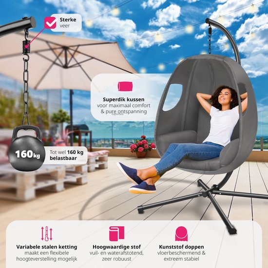 tectake Hängesessel mit Gestell - Schaukelstuhl mit Kissen + Rückenkissen - Möbel für Wohn- oder Schlafzimmer - Balkonmöbel - Für drinnen oder draußen - Bis 160 kg - Anthrazit