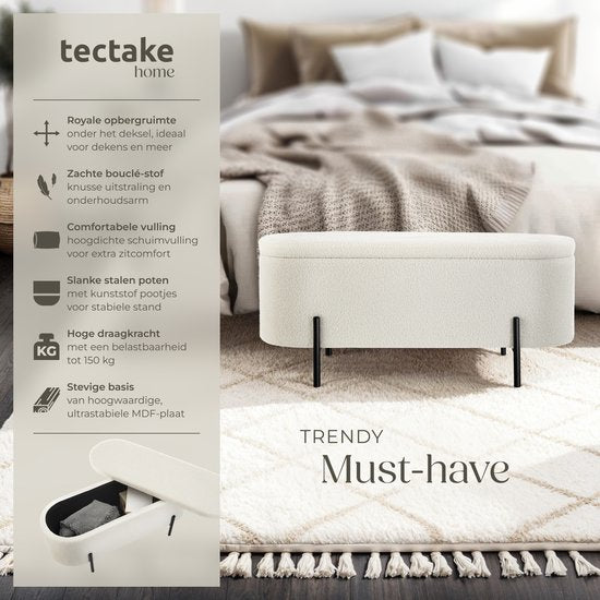tectake Bank mit Stauraum - Sitzkasten mit Stauraum gepolstert - Sitzkasten mit Stauraum, gepolstert - Bouclé-Stoff im Scandi-Stil - 97x36x42cm - cremeweiß