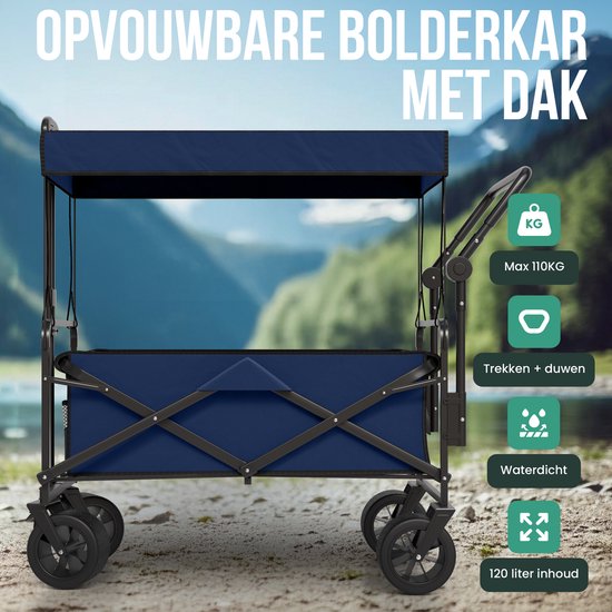 Avalo Bolderkar mit Dach XL faltbar - bis zu 110KG Tragfähigkeit - 120L - 97x60x105 CM - 360º Räder - Bolderwagen / Bolderwagen / Strandwagen / Trekkingwagen / faltbarer Bolderkar - Für Strand - Blau