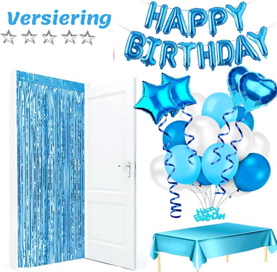 Feestio Ballons Geburtstag Dekoration mit Tischtuch und Girlanden - Helium - Blau