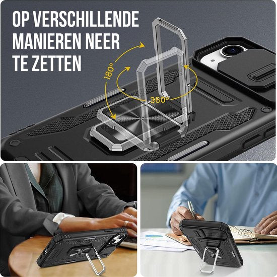 Podec Case passend für iPhone 14 Black Phone Case - Anti-Shock Case Cover Hybrid Armor Case mit Kickstand Ring mit Displayschutzfolie