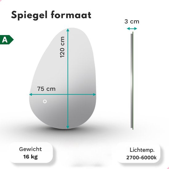 Mirlux Badezimmerspiegel mit LED-Beleuchtung - Asymmetrisch - Organischer Wandspiegel - Anti-Kondensations-Duschspiegel - Wandspiegel 120x75CM
