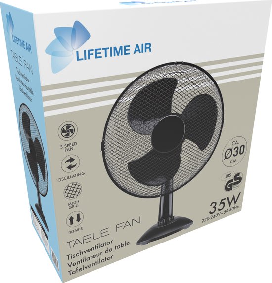 Lifetime Air Tischventilator 35W - Ventilator für Tisch und Schreibtisch - mit Griff, 3 Geschwindigkeiten und Kippfunktion - leise 65dB - Schwarz