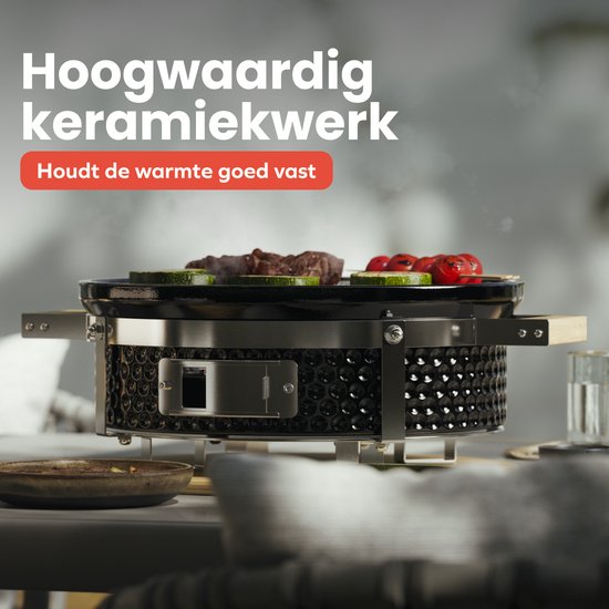 KitchenBrothers Kamado Hibachi Grill - PFAS frei - Holzkohlegrill - Shichirin Tischgrill - Rund BBQ - Keramikgrill - Schwarz
