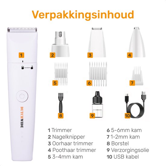Dutchwide - Schermaschine für Hunde und Katzen - Für dickes Fell - Leise - Kabellos - Trimmer - weiß