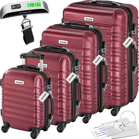 tectake - 4-teiliges Hartschalenkofferset - Reisekofferset mit Rollen - ABS - Teleskopgriff und Schloss - Inklusive Gepäckwaage - Trolleygrößen S-M-L-XL - Rot