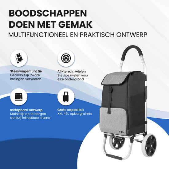 TTD® Einkaufswagen - Faltbares Gestell - 45L - Geräumige Seitentaschen - Wasserdicht - All-Terrain Räder - Schwarz
