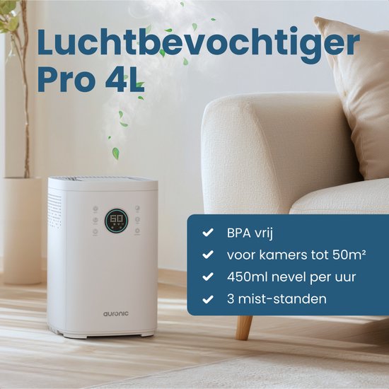 Auronic Luftbefeuchter - 4 Liter - 40m2 - Geeignet für Wohnzimmer, Büro, Schlafzimmer, Babyzimmer und mehr - Mit Aromatherapie - BPA-frei - Weiß