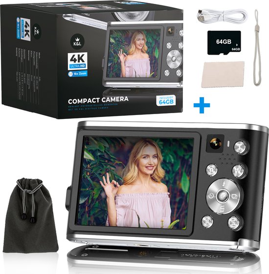 K&L Digitalkamera 4K - Fotoapparat - Fotokamera - Kompaktkamera - Vlog-Kamera - Für Kinder - Inklusive 64GB - NL Software