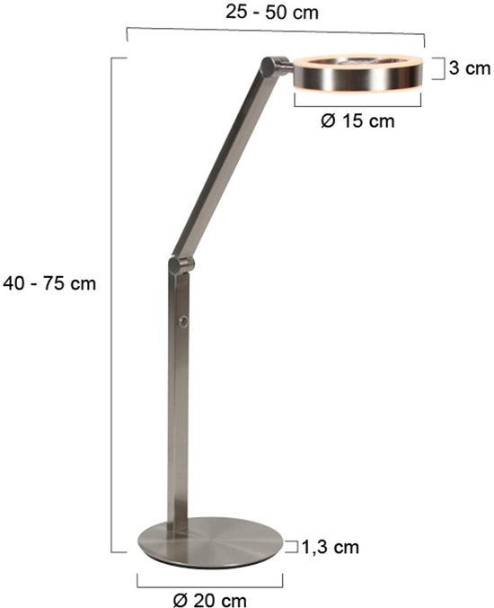 Tischlampe Ringlux 4139ST von Steinhauer – Elegante Lampe aus gebürstetem Stahl, höhenverstellbar von 40 bis 75 cm, mit doppelter LED-Beleuchtung und Touch-Dimmer.