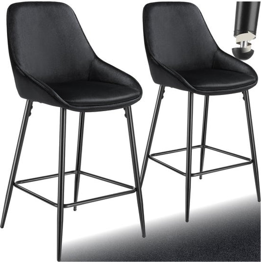 tectake® - 2er-Set Barhocker Siera - Gepolsterter Barhocker mit Rückenlehne - Barhocker mit Fußstütze - Esszimmerstuhl mit Samtpolsterung und weicher Schaumstoffpolsterung - Stabile Stahlbeine mit rutschfestem Bodenschutz - Schwarz