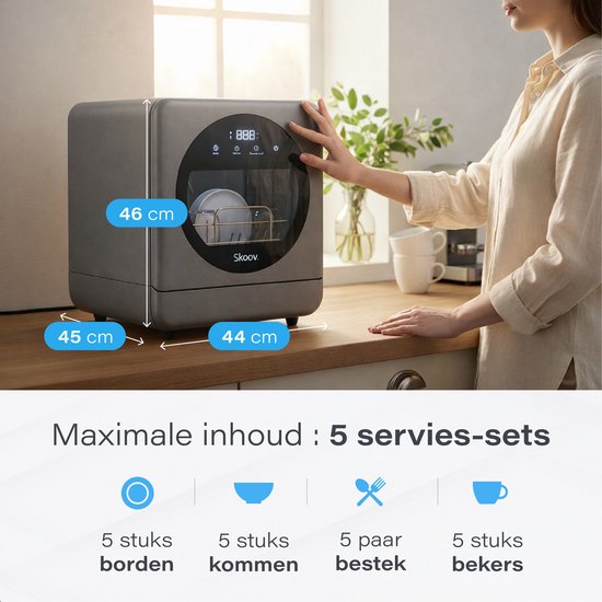 Skoov Mini-Geschirrspüler mit Wassertank - 5 Gedecke - 6 Spülprogramme - 45 × 44 × 46 cm - Grau