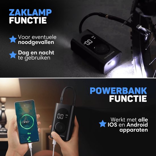 Vulpes Goods® Tech - Tragbare Kompressor-Reifenpumpe - 6400mAh - Elektrische Fahrradpumpe - Luftkompressor für Auto, Roller, Fahrrad, Ball und Luftbett - Inkl. 7 Aufsätze - Taschenlampe - Powerbank - Reiseetui - PRO