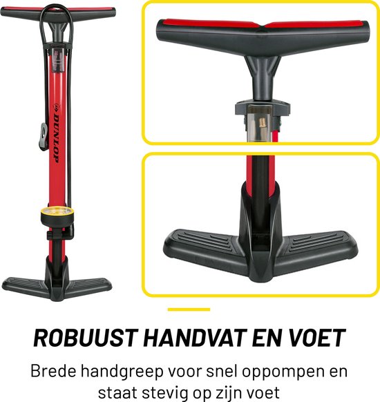 Dunlop Fahrradpumpe mit Manometer - Fahrradpumpe für Dunlop, Schrader und französische Ventile - Standpumpe inkl. Adapter für Wasserspielzeug und Bälle