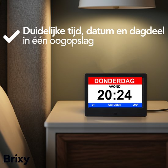 Brixy Demenz-Uhr - 24 Alarmfunktionen - Inkl. Fernbedienung - Automatische Dimmfunktion - Kalenderuhr - Schwarz