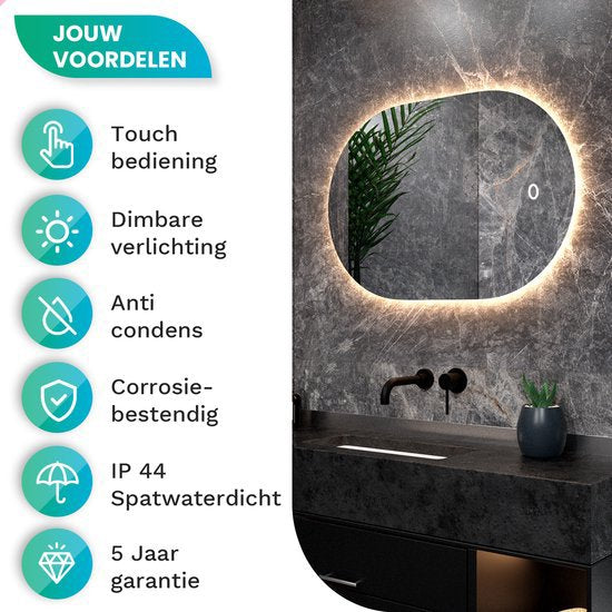 Mirlux Badezimmerspiegel mit LED-Beleuchtung & Heizung - Wandspiegel Oval - Anti-Kondensations-Duschspiegel - 90x60CM