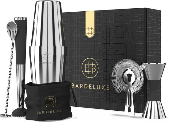 BarDeluxe® Cocktail Shaker Set - 5-tlg. Boston Shaker - Cocktail Set mit Stamper, Sieb, Barlöffel & Rezeptbuch - Inklusive luxuriöser Geschenkbox - Silber