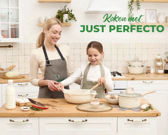 Just Perfecto 15-teiliges Induktionskochgeschirrset - Beigefarbenes Kochgeschirrset mit Deckel für Gas und Induktion - PFAS-frei - Kalte Griffe