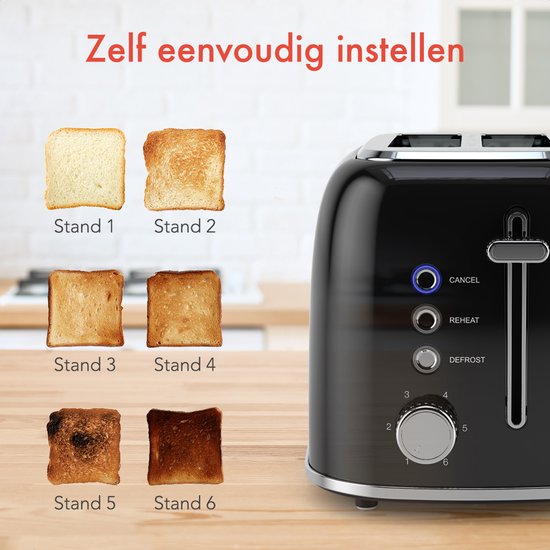 KitchenBrothers Toaster - Mit Toasty Clamps - 6 Heizstufen - Breite Schlitze - 870W - Schwarz