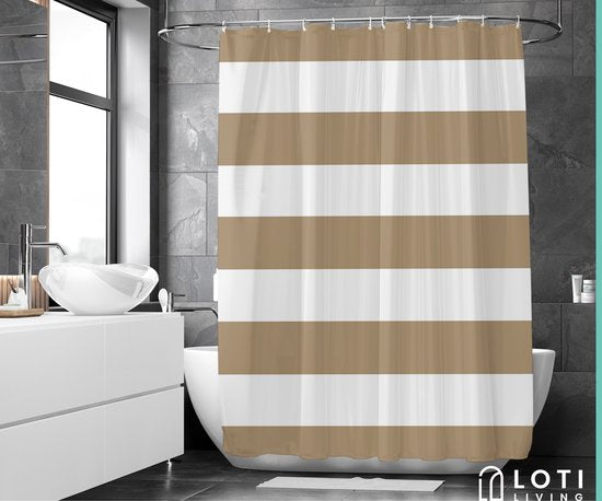Loti Living Duschvorhang Anti-Schimmel - Hellbraun gestreift - Inklusive Ringe - Wasserdicht - Polyester - Duschvorhang 180x200 cm