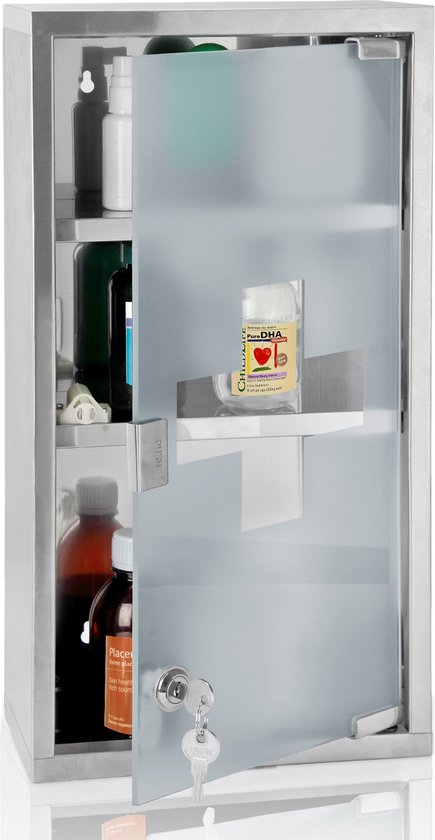 Monzana - Medizinschrank mit Schloss - Silber - Edelstahl - 48,5cm x 25cm x 12cm