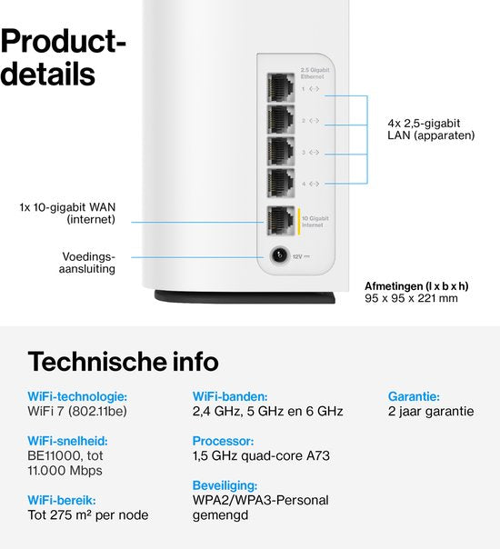 Linksys Velop Pro 7 10G - Mesh WiFi - Tri-Band - WiFi 7 Router - 11000 Mbps - 1-Pack - Weiß