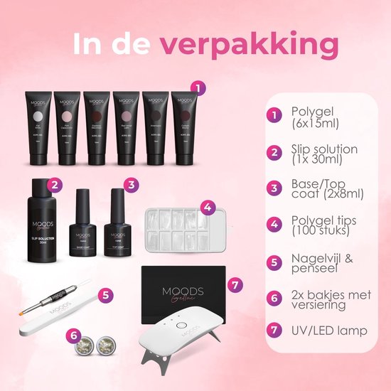 Moods Gellac Luxus Set - Polygel Nägel Starter Pack - Inklusive UV LED Lampe - 6 Farben - Coffee Nude