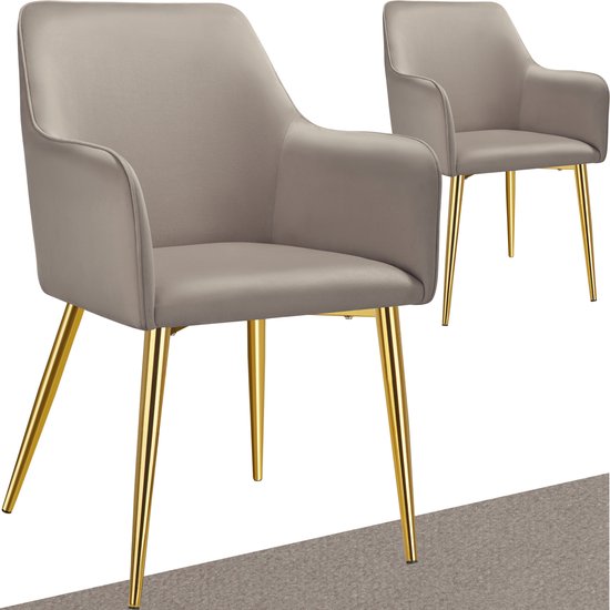 tectake Esszimmerstuhl Avane - Samtoptik - Gepolsterter Stuhl mit ergonomischen Armlehnen - Schlanke Stahlbeine in Gold - Belastbarkeit 120 kg - Komfortabler Ess- und Küchenstuhl - 2er-Set - Taupe