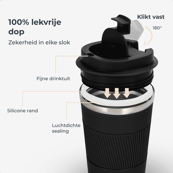 Castagnola Thermos Cup - Kaffeebecher To Go - Reisebecher für Kaffee und Tee - Teebecher - 380 ML - Edelstahl - Schwarz