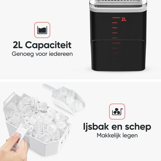 Kitchenwell Eiswürfelbereiter - 2L - Mit Eisportionierer - 12kg/24 Stunden - Selbstreinigungsfunktion - Schwarz