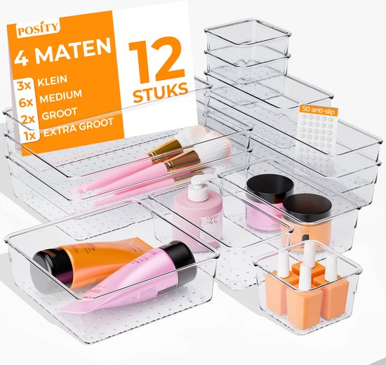 Posity Drawer Organizer - 12 Stück - Organizer Trays - Drawer Trays - Storage Trays - Make-up Organizer - Für Küche, Bad & Büro - Kunststoff - Transparent