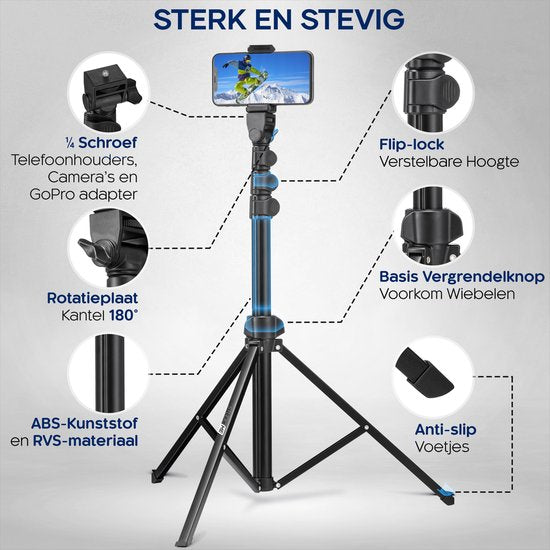 Studio ME Telefonstativ - 170 cm - Stativ Smartphone - Schwarz - Kamerastativ - Telefonhalterung - Inkl. Bluetooth-Fernbedienung - Stativ Iphone - Stativ Telefon
