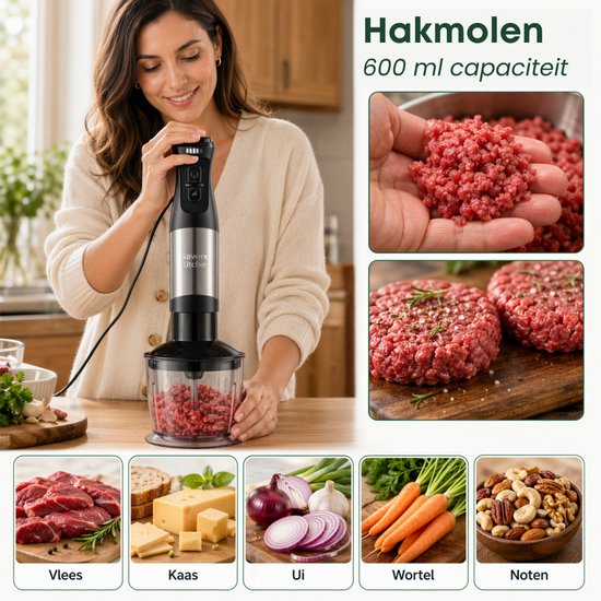 Savoré Kitchen Stabmixer Pro+ 1500 W – Mixer-Set mit Zerkleinerer (600 ml), Schneebesen, Milchaufschäumer und Messbecher – 5 Geschwindigkeitsstufen – 6 Klingen – Edelstahl
