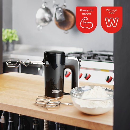 Bourgini Retro-Handmixer – 5 Geschwindigkeitsstufen und Turbo-Funktion – Teighaken und Rührbesen aus Edelstahl – Schwarz