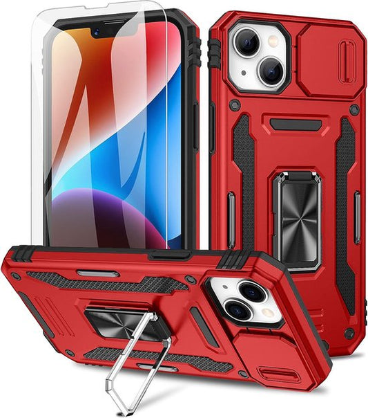 Podec Case passend für iPhone 14 Red Phone Case - Anti-Shock Case Cover Hybrid Armor Case mit Kickstand Ring mit Displayschutzfolie